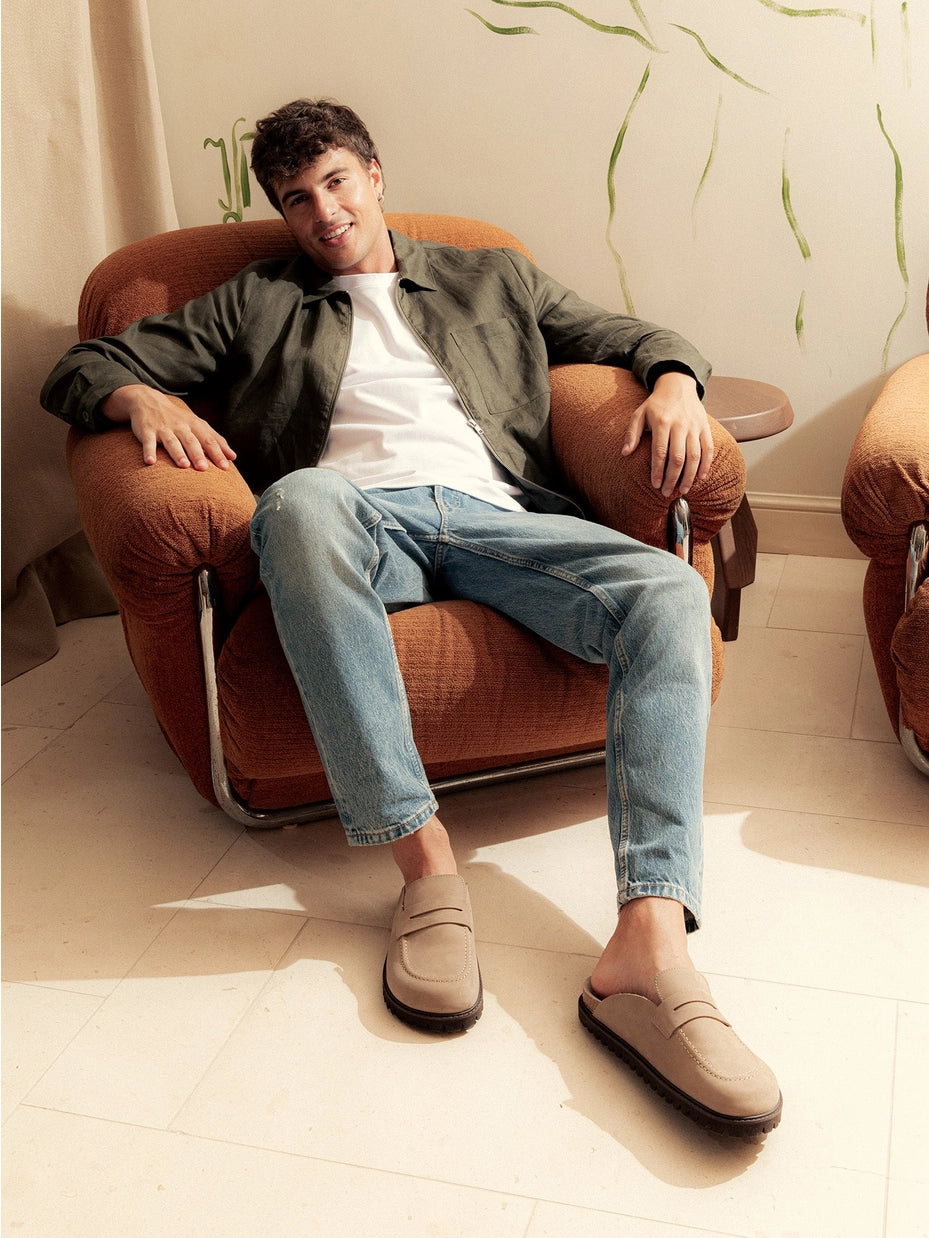 Lois Nubuck Taupe Gray Moccasin Style Unisex Clogs