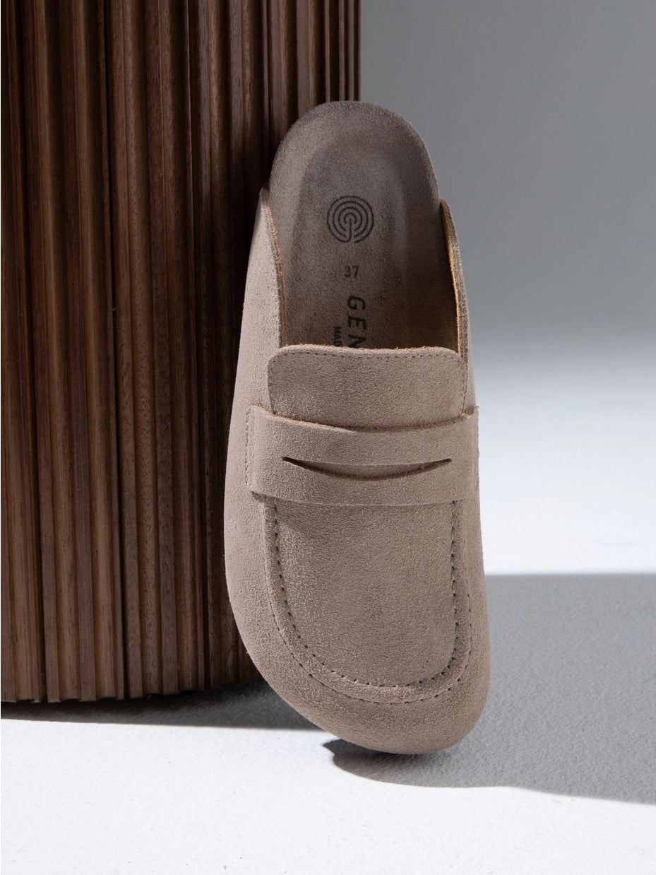 Lois Velour Leather Taupe Gray Mocassin Style Clogs With Mask