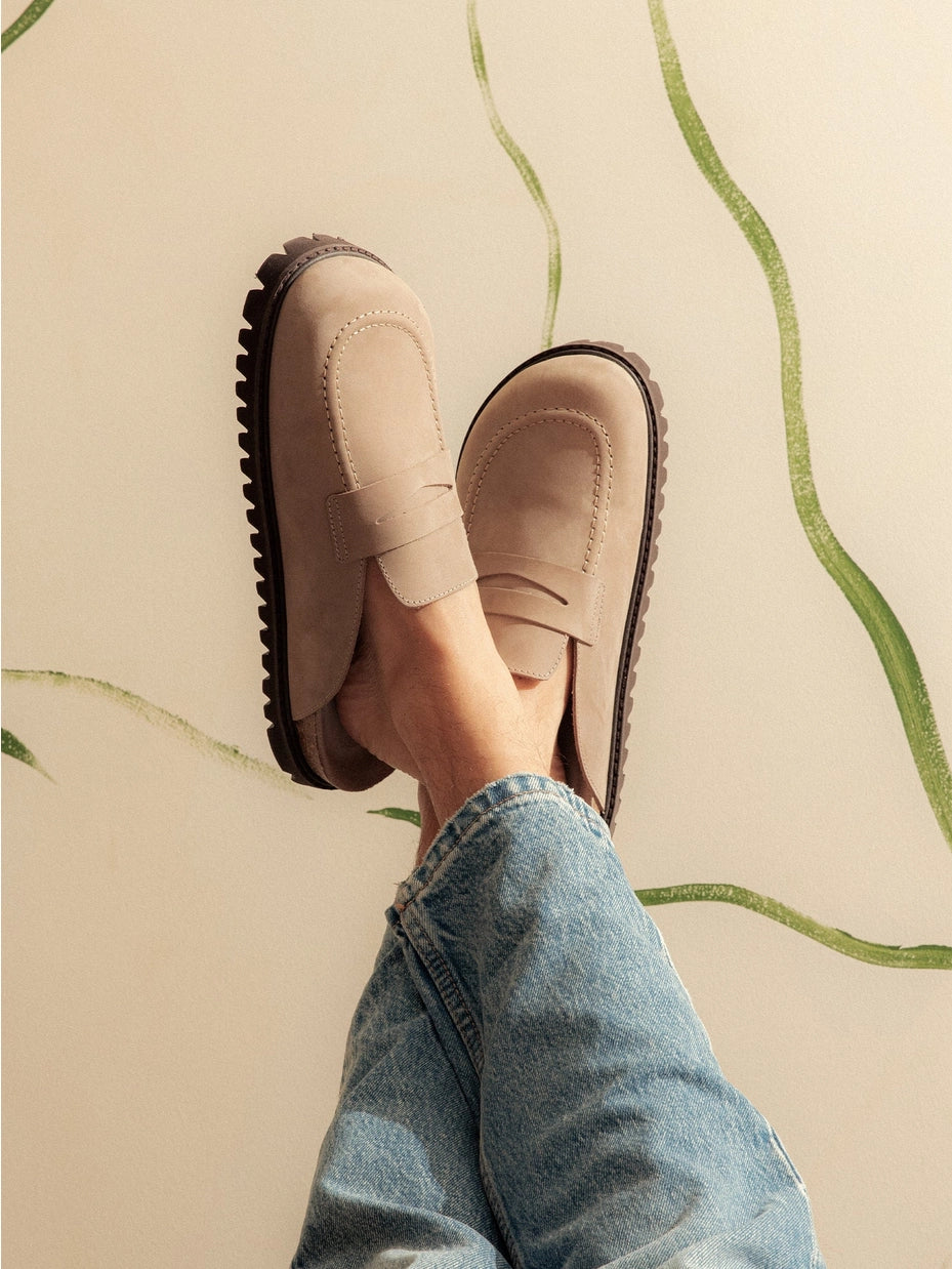 Lois Nubuck Taupe Gray Moccasin Style Unisex Clogs